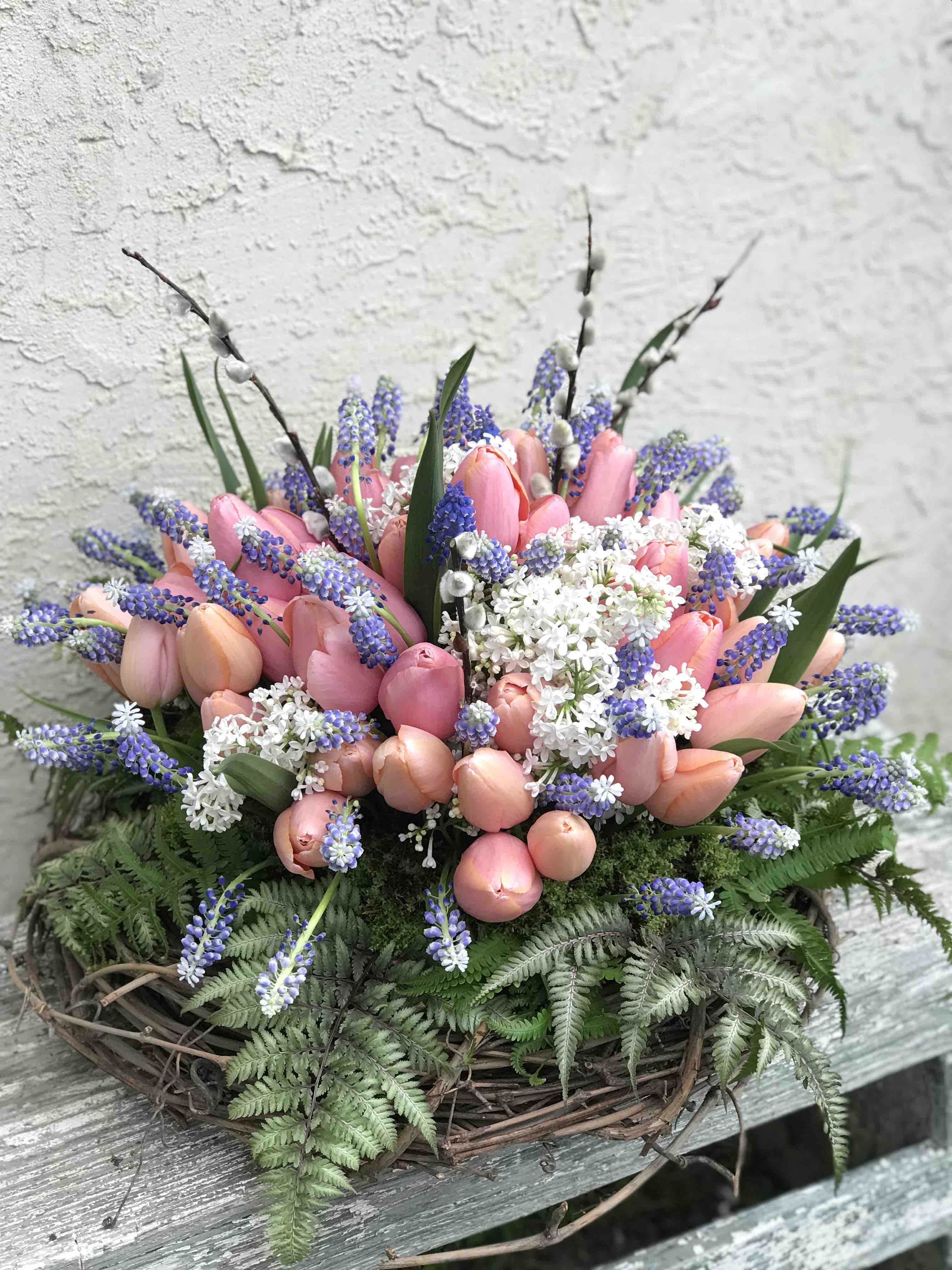 New Hope Flora Cottage tulip basket centerpiece